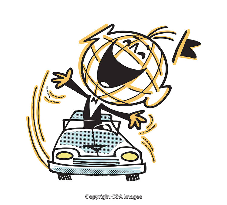 Joyful Cartoon Character Driving Vintage Car in Dynamic Illustration