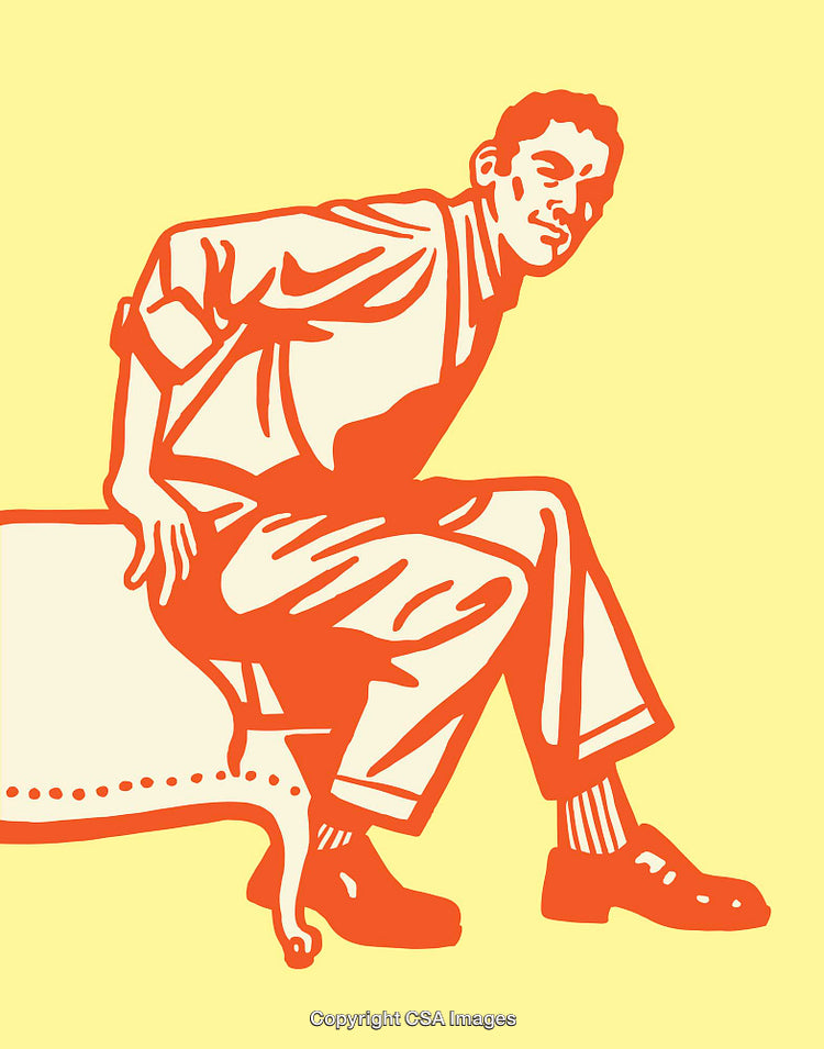 Retro styled color illustration of a seated man on a yellow background