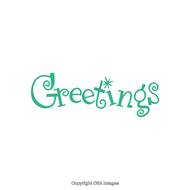 Playful Green Font Displaying the Word Greetings on White Background