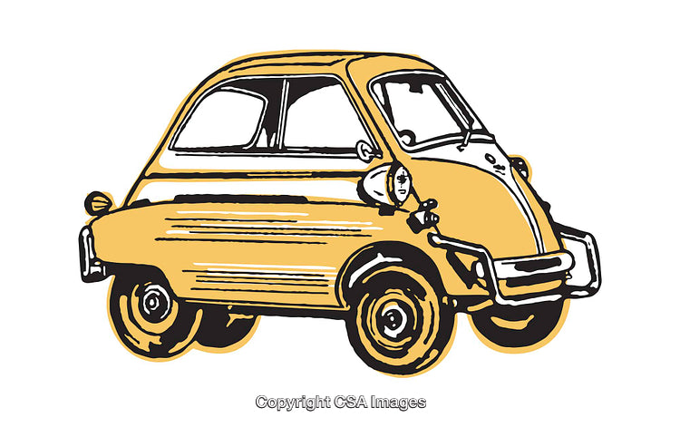 Retro Illustration of a Small Yellow Compact Car With Distinctive Design Elements