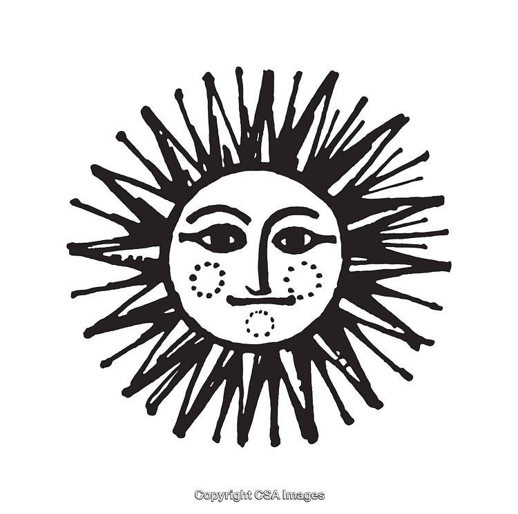 Vintage Black and White Sun with Face Illustration