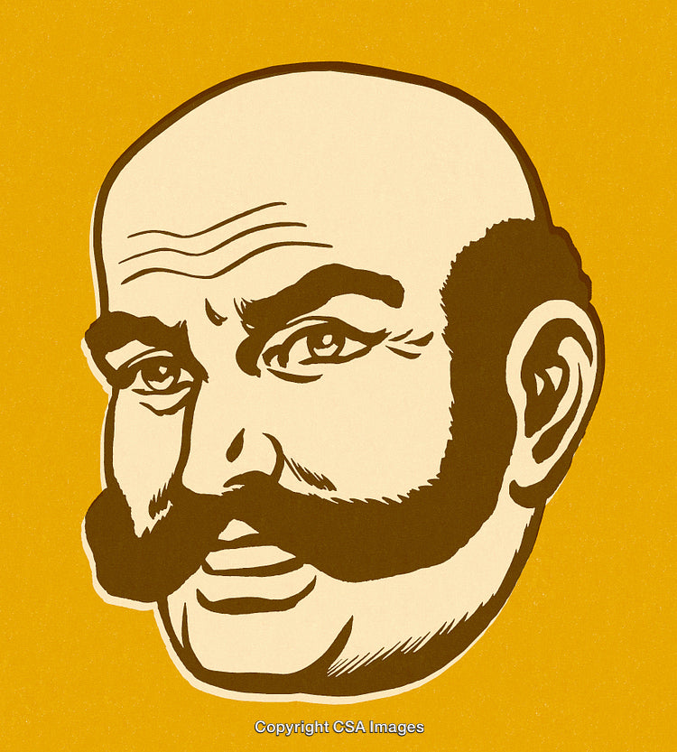 Vintage Art of a Bald Man With Bold Mustache on Yellow Background