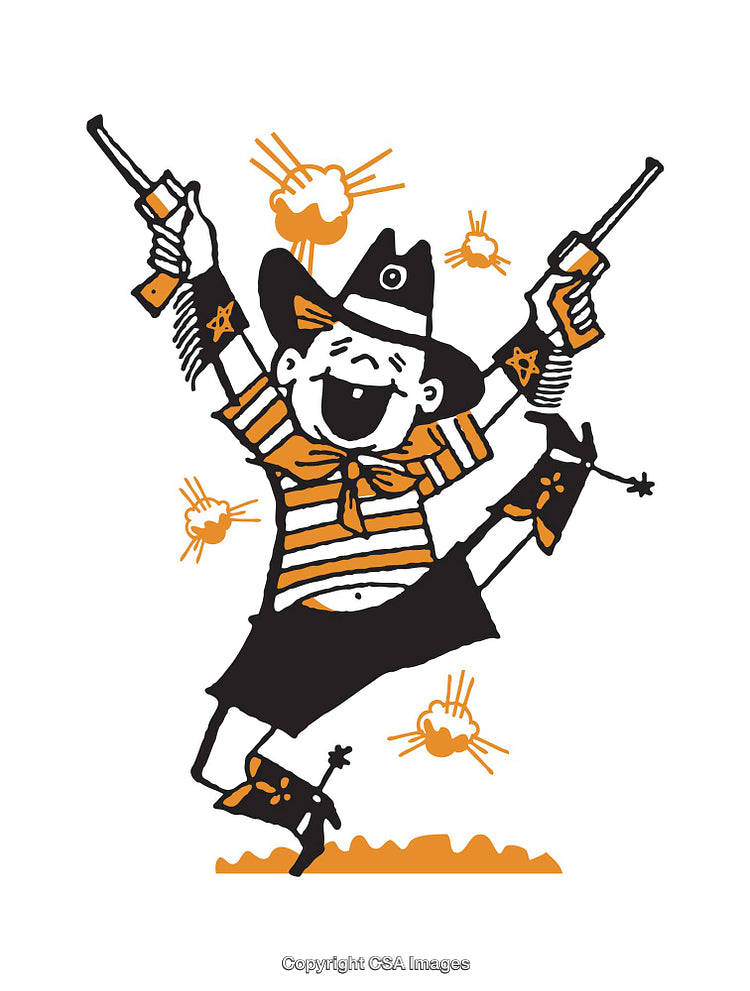 Happy Cartoon Cowboy Shooting Pistols in Colorful Action Illustration