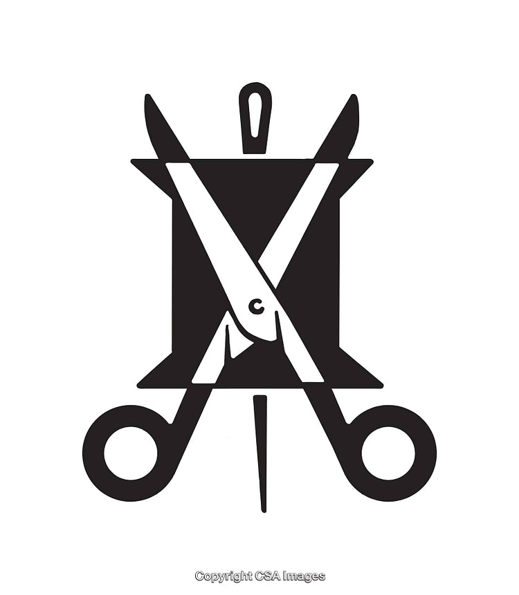 Black and White Sewing Icon Featuring Scissors and Thread Elements