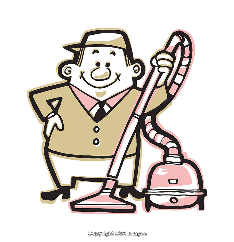 Cartoon Illustration of a Cleaning Worker with a Vacuum Cleaner