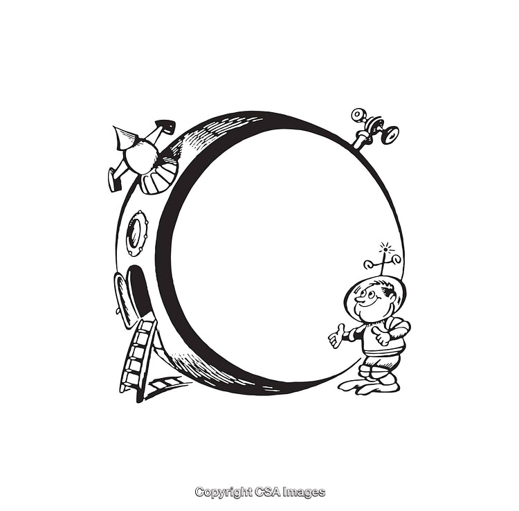 Whimsical Illustrated Scene of Space Characters and a Moon in Black and White