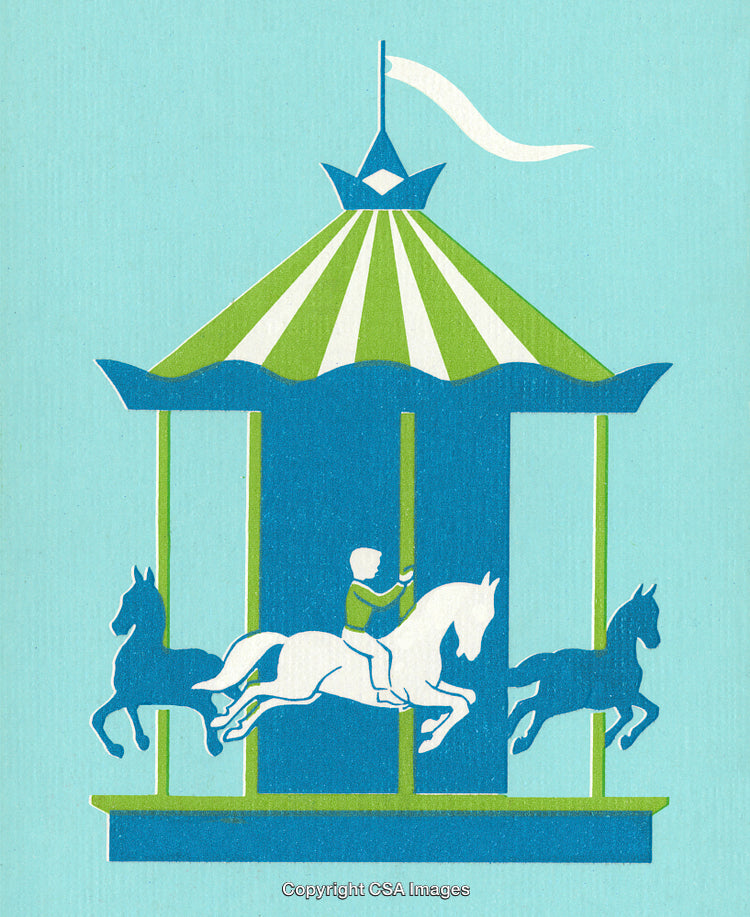 Vintage Styled Carousel Illustration with Horses and Rider on a Bright Background