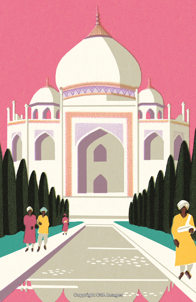 Illustration of Ethereal Taj Mahal With Visitors in a Vibrant Pink Sky