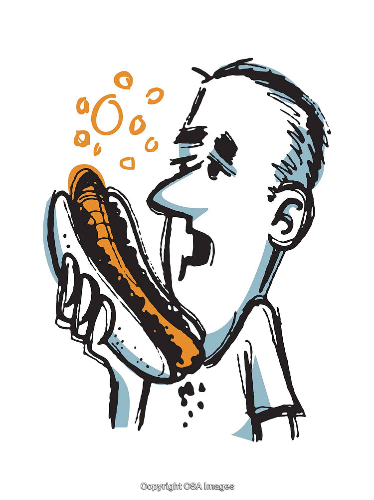 Colorful Cartoon Illustration of a Man Holding and Eating a Hot Dog