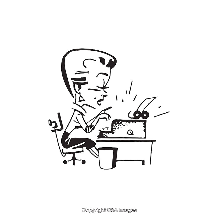 Black And White Line Art of Person Typing on Typewriter at Desk