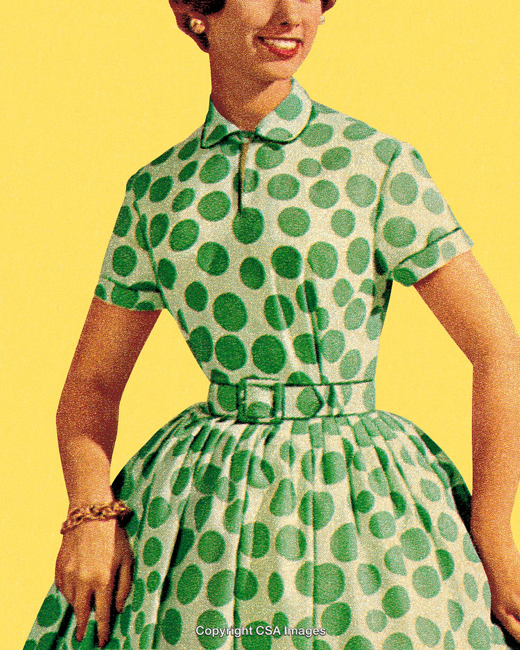 Vintage Woman in Polka Dot Dress on Yellow Background