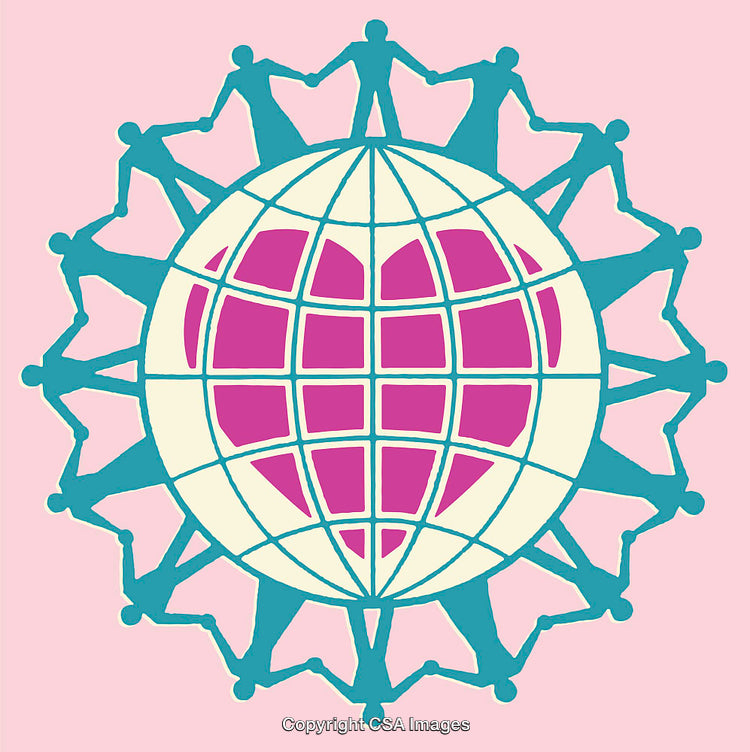 Global Unity With Figures Holding Hands Around Planet Earth