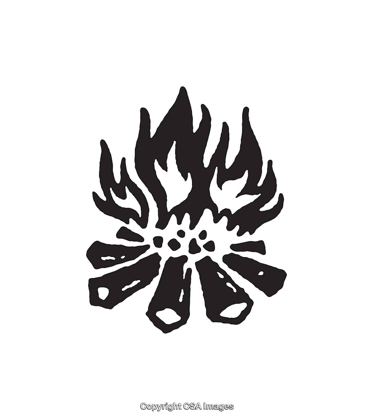 Black and White Fire Illustration Depicting Rustic Camping and Warmth
