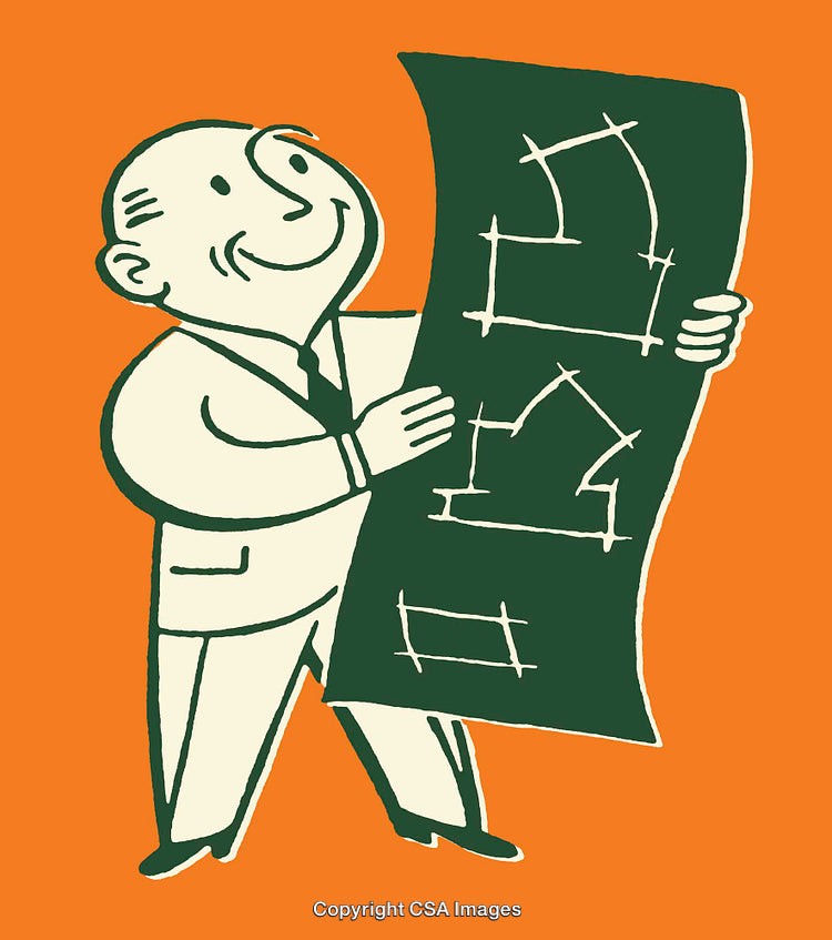 Retro Styled Businessman Holding a Blueprint on Orange Background