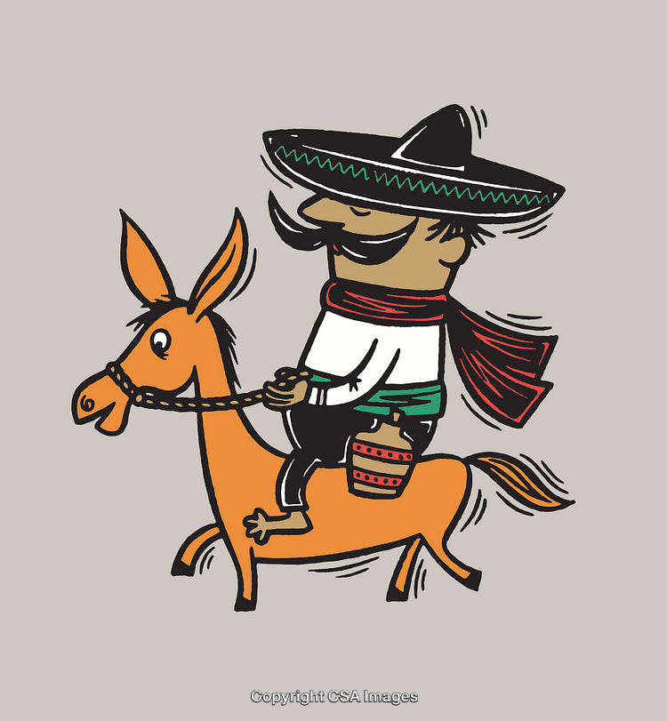 Colorful Illustration of a Man Riding a Donkey with a Traditional Hat