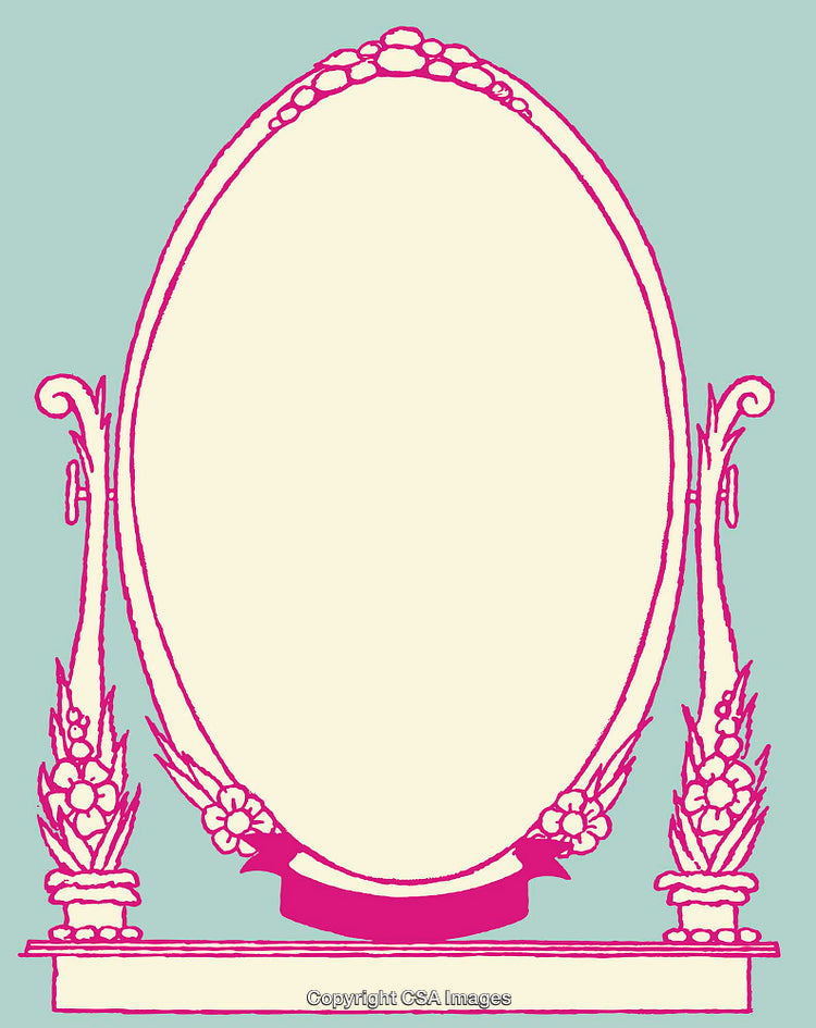 Vintage Ornate Line Art Mirror With Decorative Pink Floral Accents