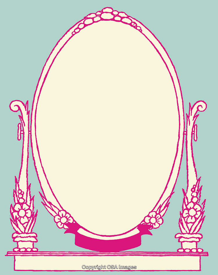 Vintage Ornate Line Art Mirror With Decorative Pink Floral Accents
