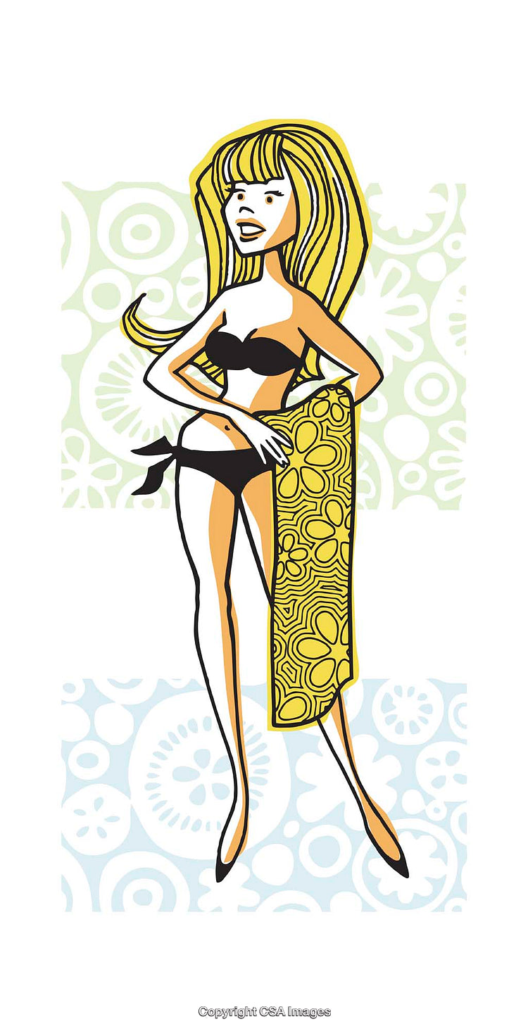 Stylized Illustration of a Woman in Swimwear with a Colorful Surfboard