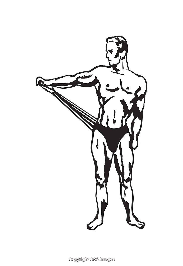 Black and White Illustration of a Man Exercising with Resistance Bands