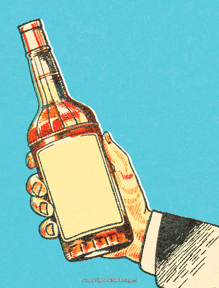 Illustration of a Hand Holding a Bottle Against a Bright Blue Background