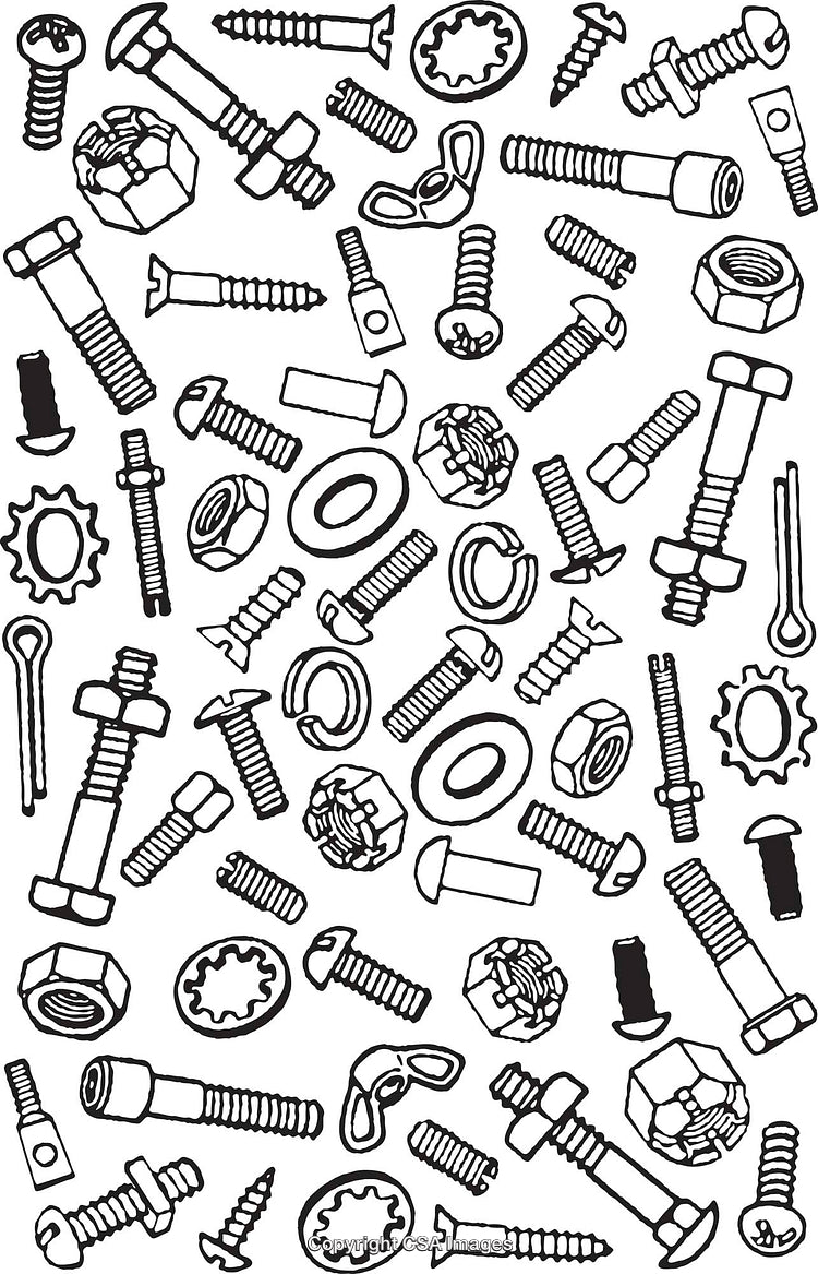 Black And White Pattern Featuring Screws, Bolts, Nuts, And Industrial Hardware