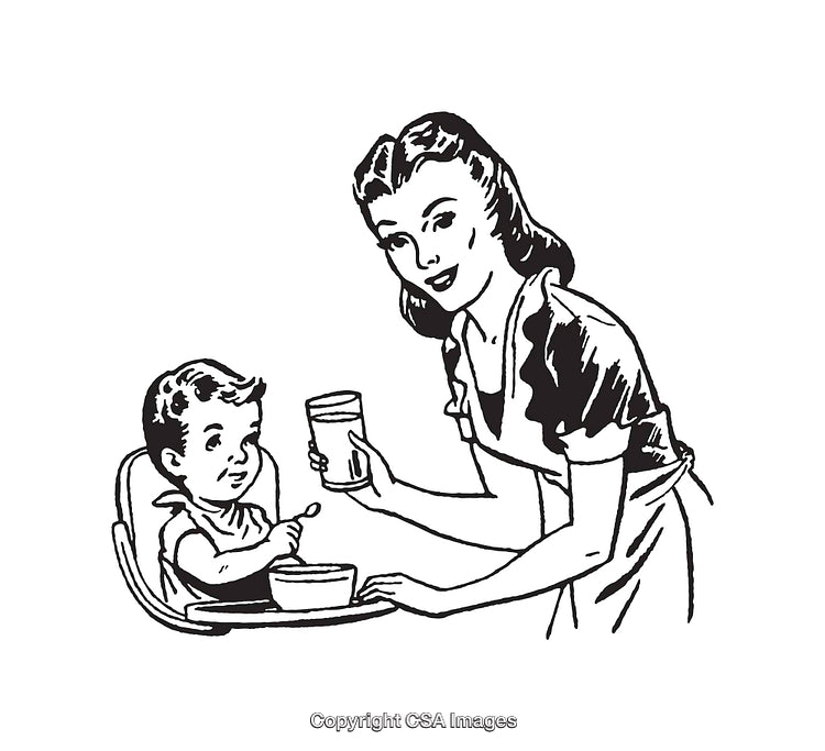 Vintage Line Art Illustration of Mother Feeding Baby in High Chair