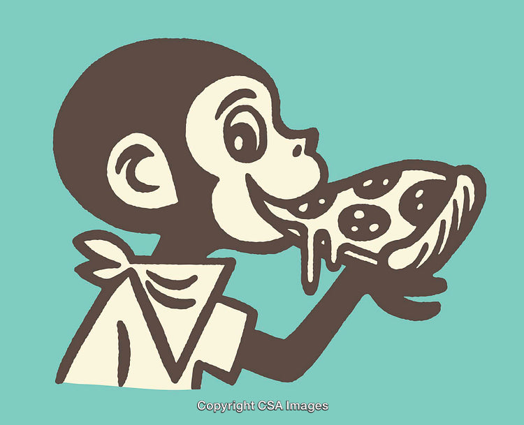 Playful Monkey Eating Pizza Illustration on Light Teal Background