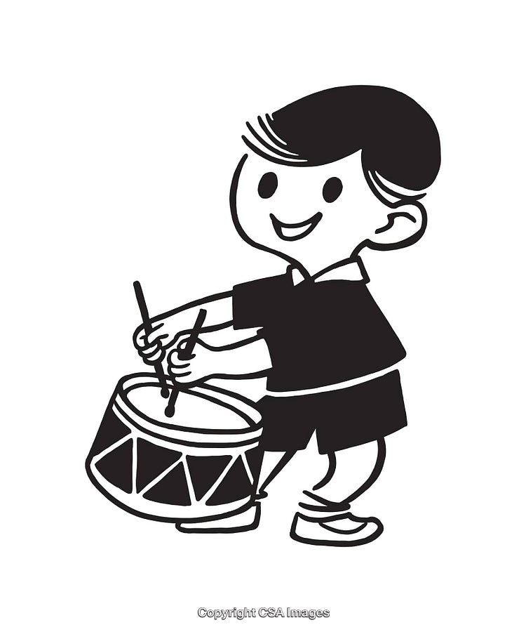 Black And White Illustration of a Smiling Boy Playing a Drum
