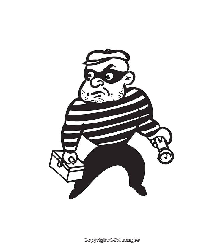 Black And White Cartoon Illustration of a Burglar in Striped Shirt