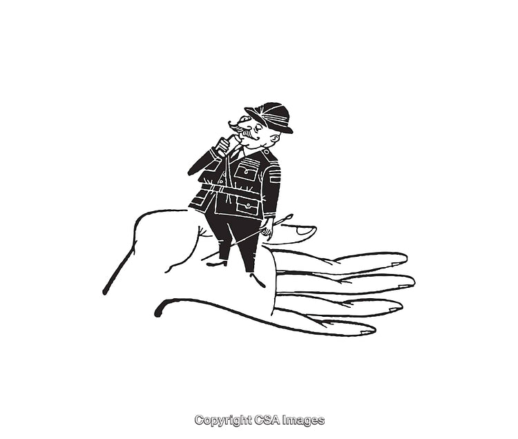 Whimsical Line Art of a Miniature Explorer Perched on a Hand