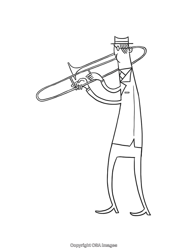 Black and White Line Art Illustration of a Trombone Musician in Action