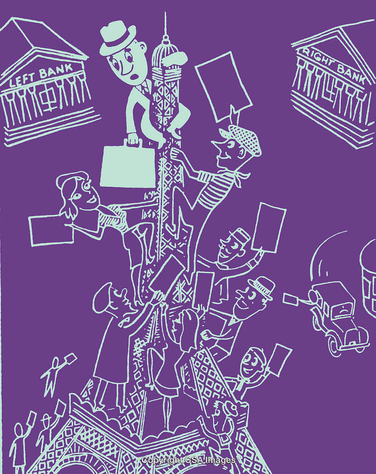 Playful Line Art of Characters Climbing a Cultural Landmark Scene