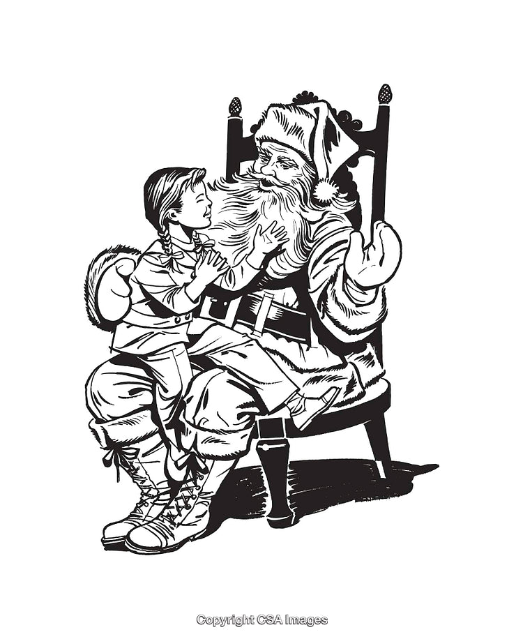 Black and White Illustration of Santa with Child on His Lap