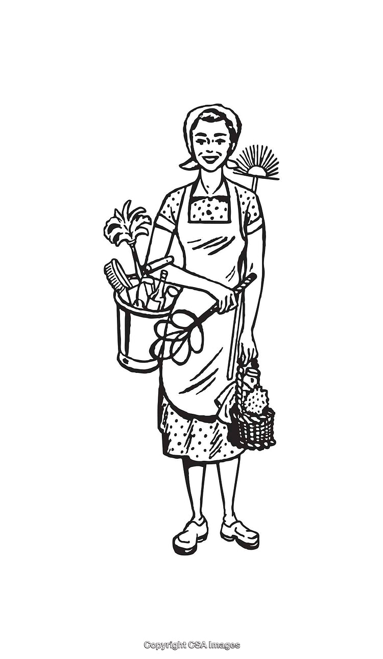 Black and White Illustration of a Woman Holding Cleaning Supplies