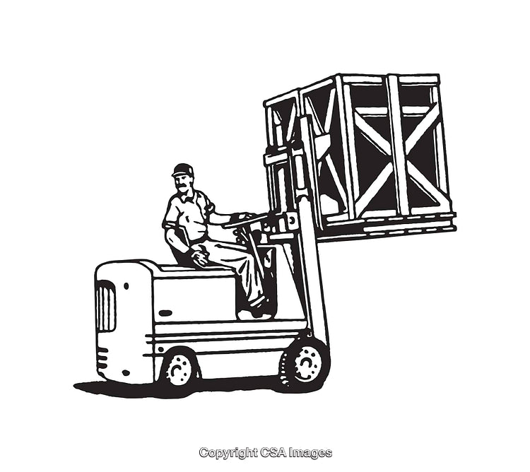 Monochrome Illustration of Worker Operating Forklift Moving a Large Crate