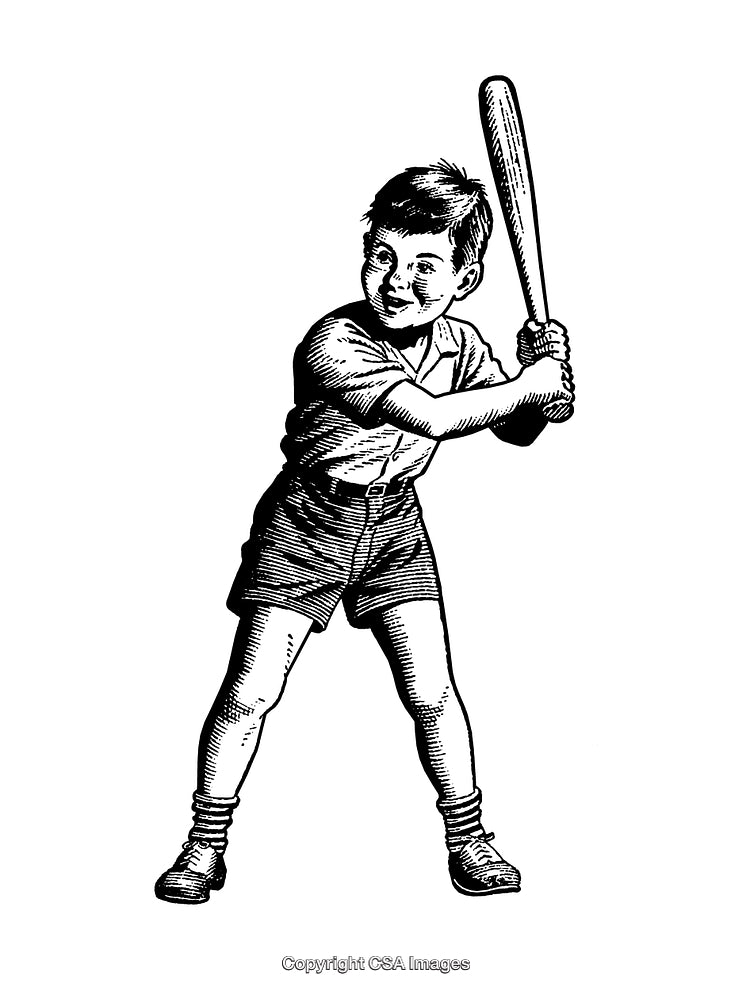 Vintage Engraving of a Boy Preparing to Swing a Baseball Bat