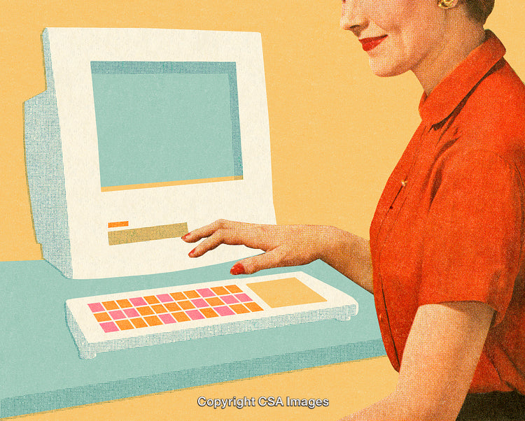 Vintage-Style Illustration of a Woman Using a Retro Computer