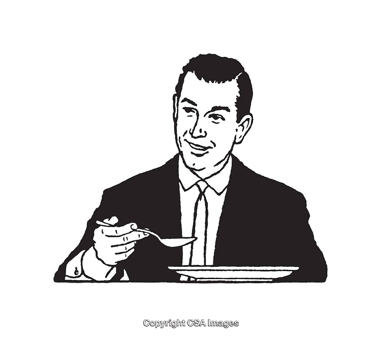 Retro Black and White Businessman Enjoying a Meal Illustration