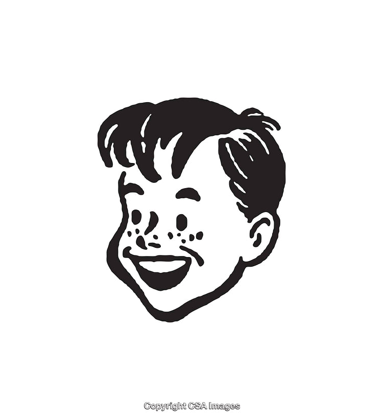 Black And White Retro Illustration of Smiling Freckled Boy's Face