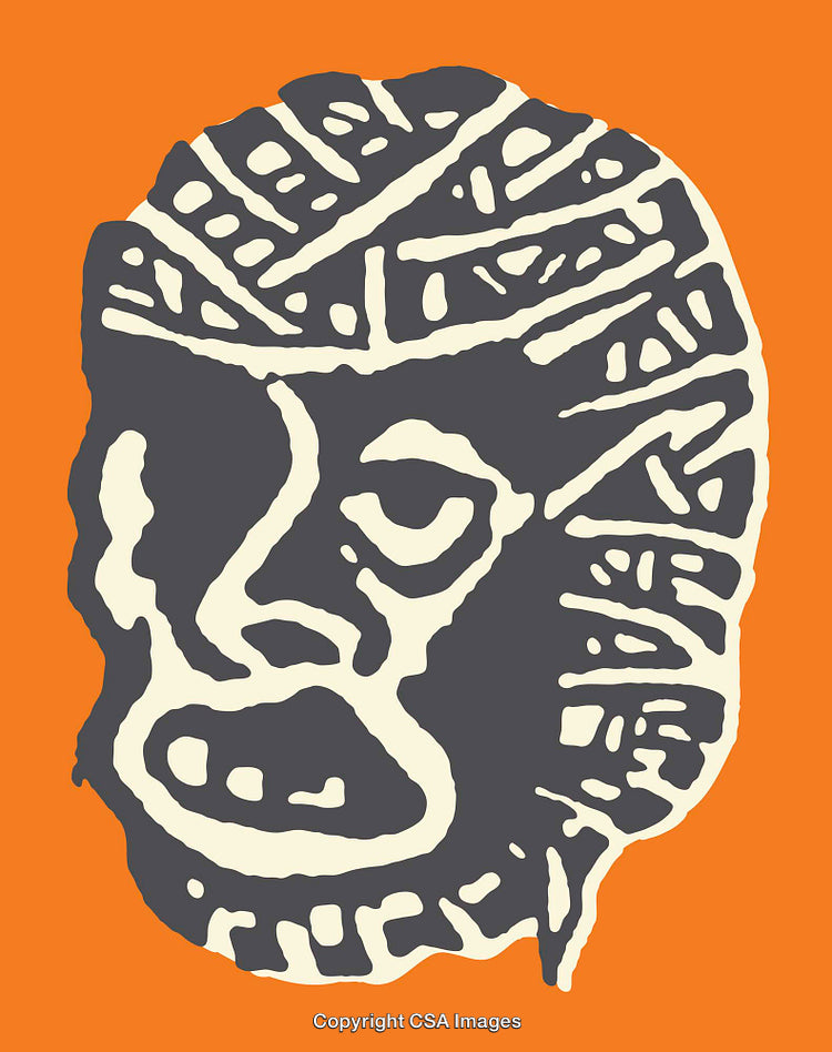 Tribal-Inspired Abstract Face Illustration on Vibrant Orange Background