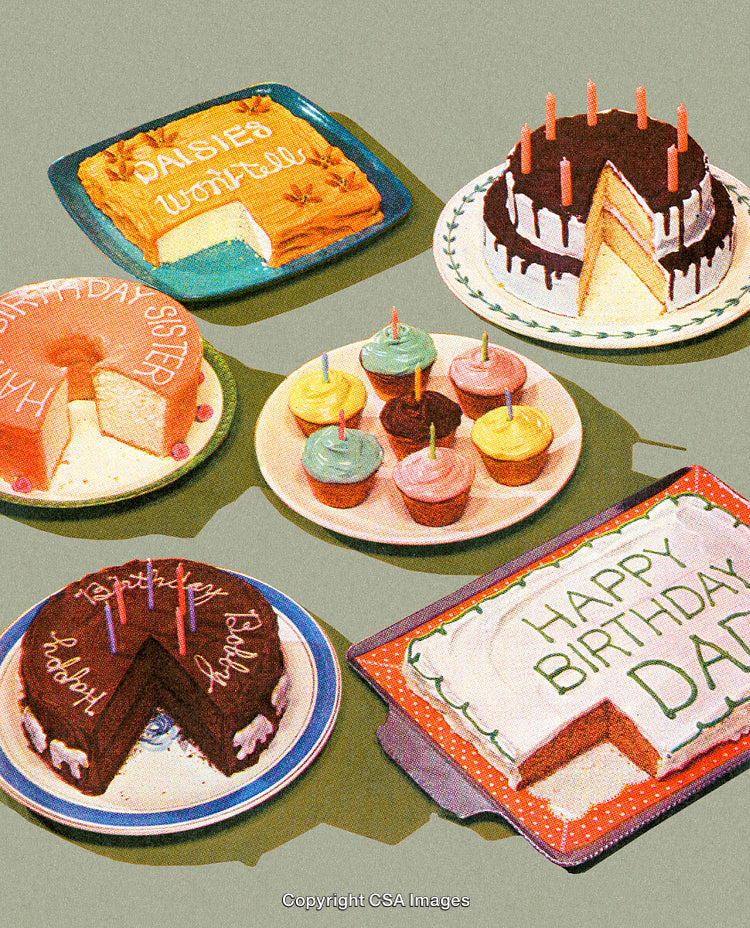 Assorted Stylized Birthday Cakes and Cupcakes on Display