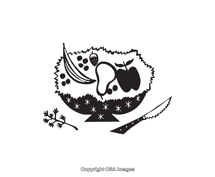 Black and White Line Art of a Fruit and Leafy Bowl Design