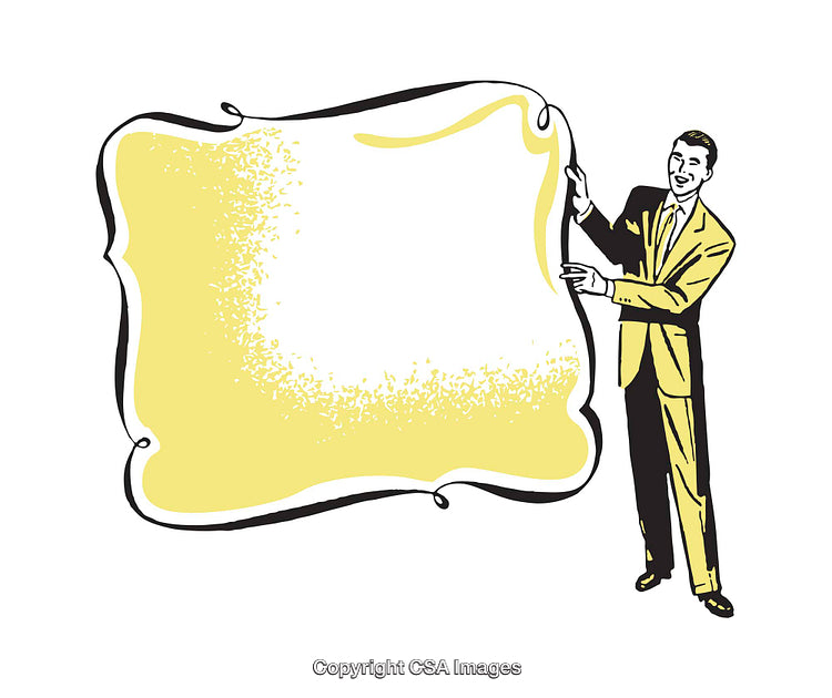 Retro Businessman Presenting Blank Yellow Frame in Vintage Style