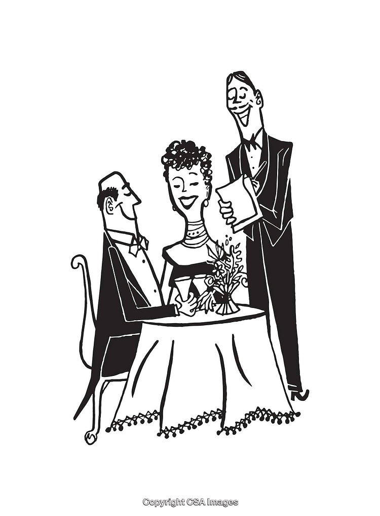 Black and White Illustration of Dining Couple with Waiter Interaction