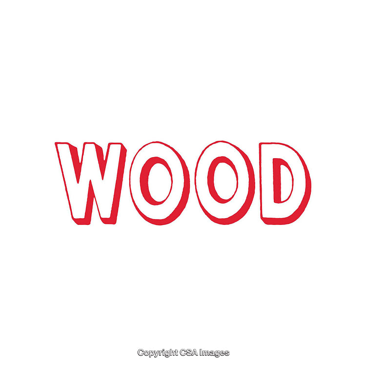 Bold Cartoon Style Typography of the Word 'Wood' in Red and White