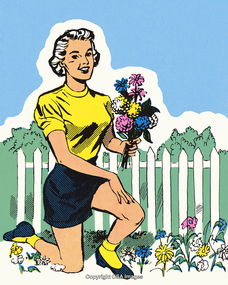 Retro Illustration of a Woman Holding Flowers in a Vibrant Garden Scene