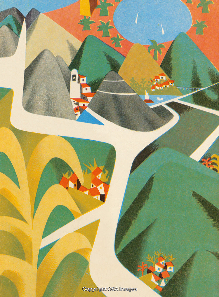 Colorful Abstract Landscape Depicting Mountains, Villages, and Nature Elements