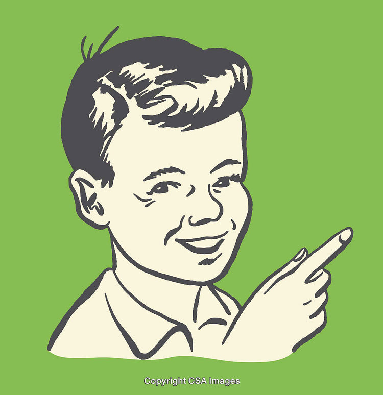 Vintage Style Illustration of a Smiling Boy Pointing to the Side