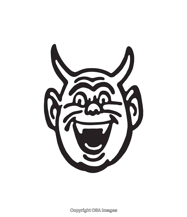 Black and White Line Art of Smiling Devil Face Illustration