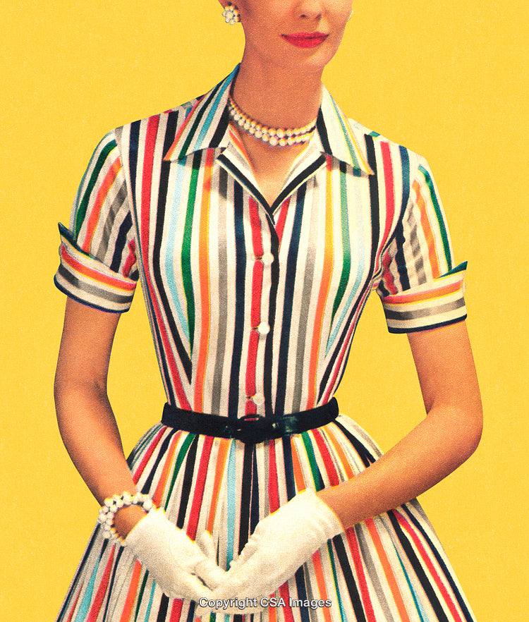 Colorful Striped Vintage Dress and Pearls on a Vibrant Yellow Background